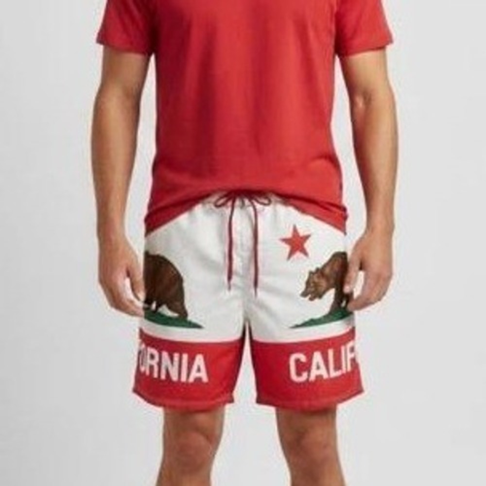 Carbon Mens 34 White Red California Republic Flag Board Shorts Cargo Pocket Surf